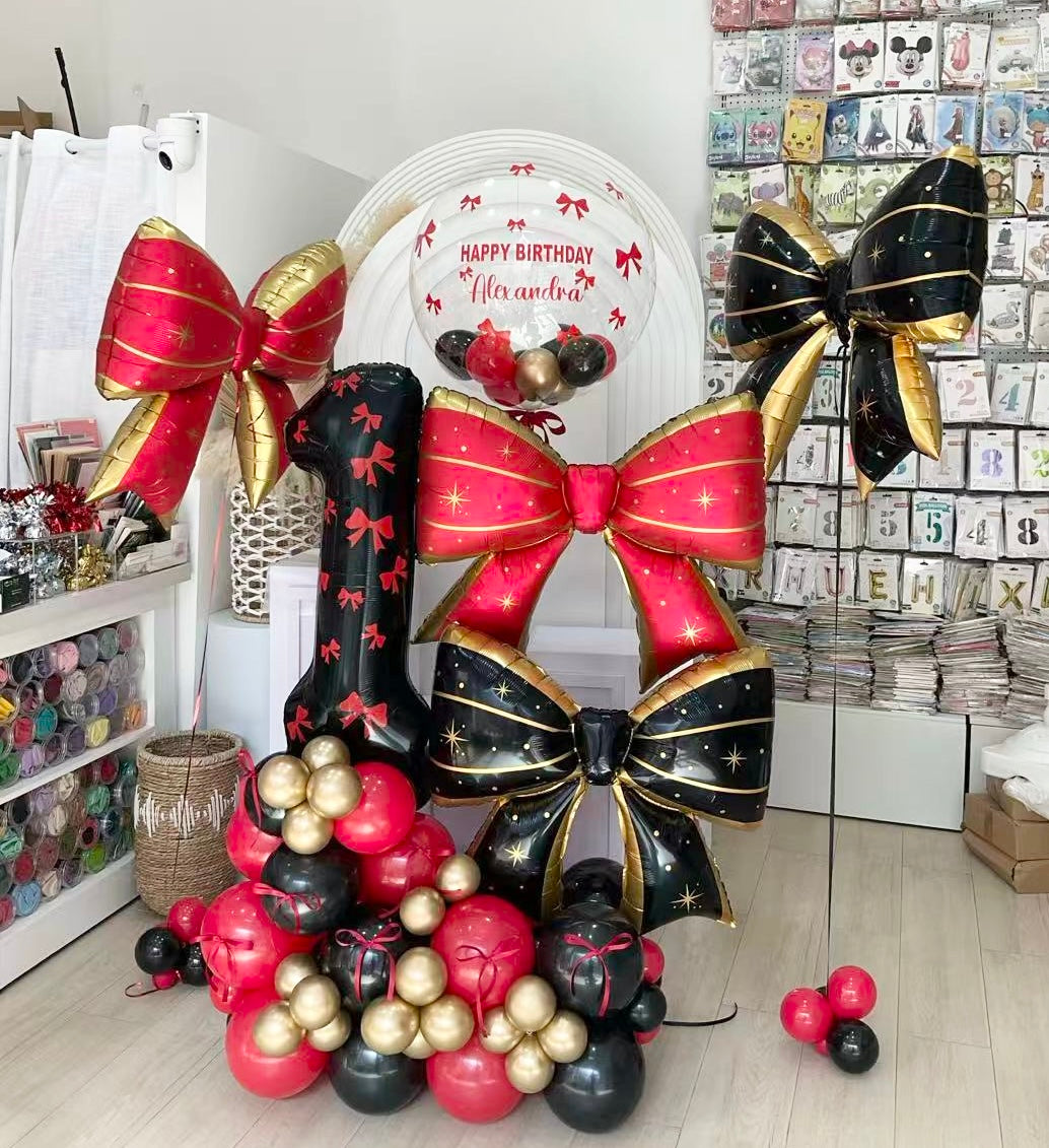 Platform Black Number '1’ with Balloons Black Red Ribbon Bow with Personalised Clear with Mini Balloons Customizable Sticker Ribbon – Customizable Design