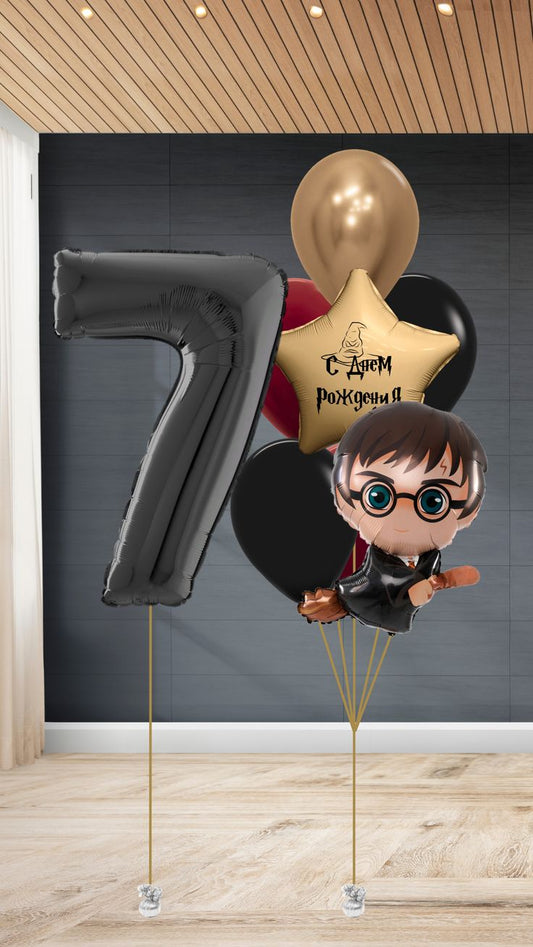 Helium Balloon Single Number Set of Black Numbers ‘7’ Balloon, Harry Potter Character, Beige Star with Customize Sticker and Latex Helium Bunch Light Gold, Red and Black - Harry Potter-Themed Perfect for any Occasions