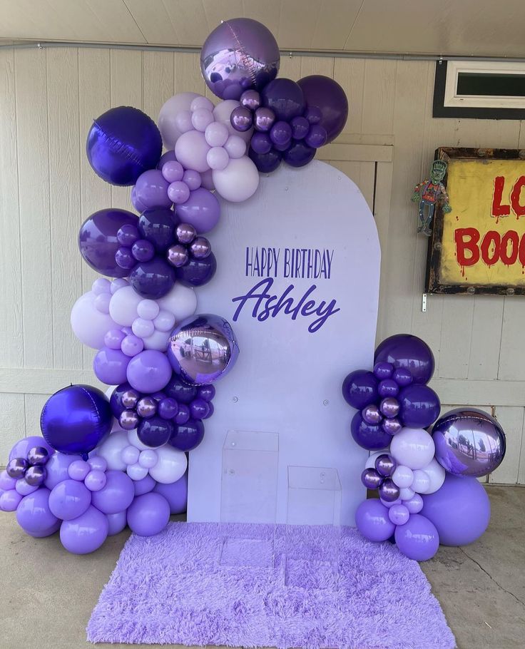 Customizable Board Backdrop with Balloons Different Shades of Purple with Purple Orbs Balloon accents - Perfect for any celebration!