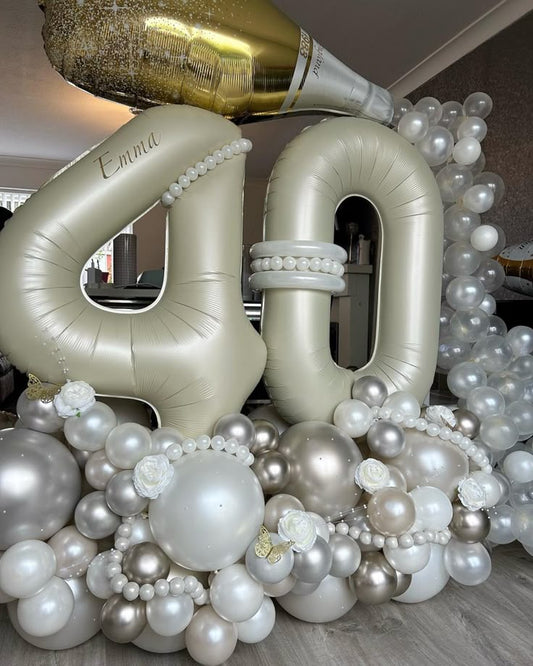 Platform Beige Numbers '40' with Latex Clear, Pearl White and Silver with Champagne Bottle Foil accents and Customize Sticker – Customizable Design
