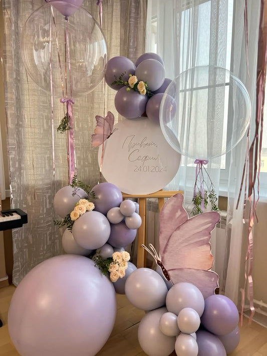 Customizable Round KT Board with Customize Butterfly and Wooden Stand Welcome Board, Organic Balloon Purple Chain Arrangement, Helium Clear Balloons with Ribbons and Artificial Flowers - Perfect for any occasions!