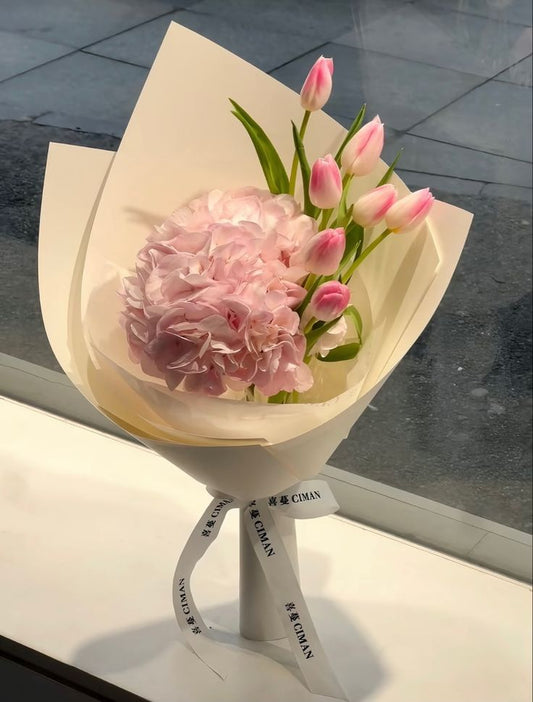 Mix of Hydrangea and Tulips - Floral Fresh Bouquet
