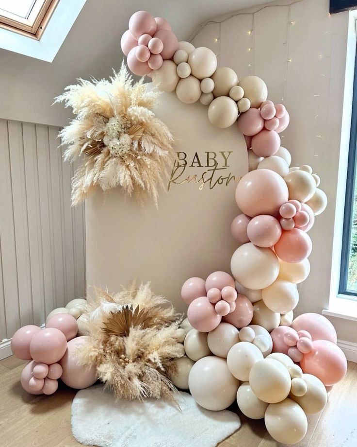 Customizable Board Backdrop with Balloons Beige and Mauve with Artificial Flowers Boho-Themed - Perfect for any celebration!