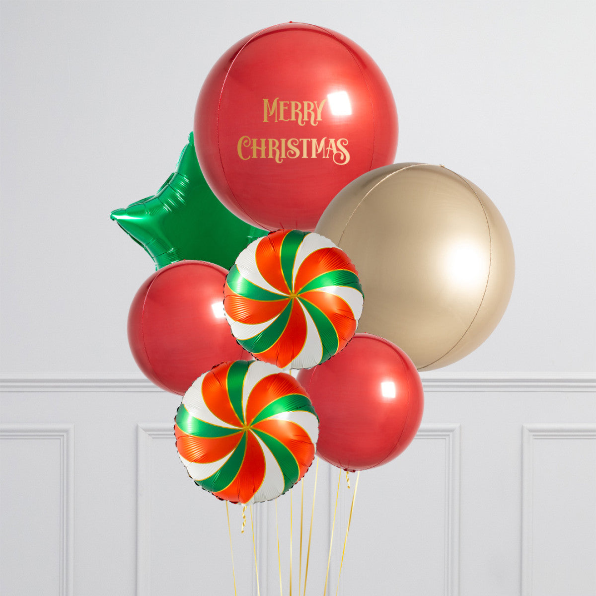 Personalised Helium Balloon - Metallic Christmas Balloons with Customizable Sticker, Peppermint-Themed Christmas Balloon Bouquet