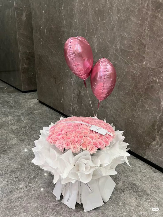 Pink Roses with Heart-Shaped Foil Balloons - Floral Fresh Bouquet