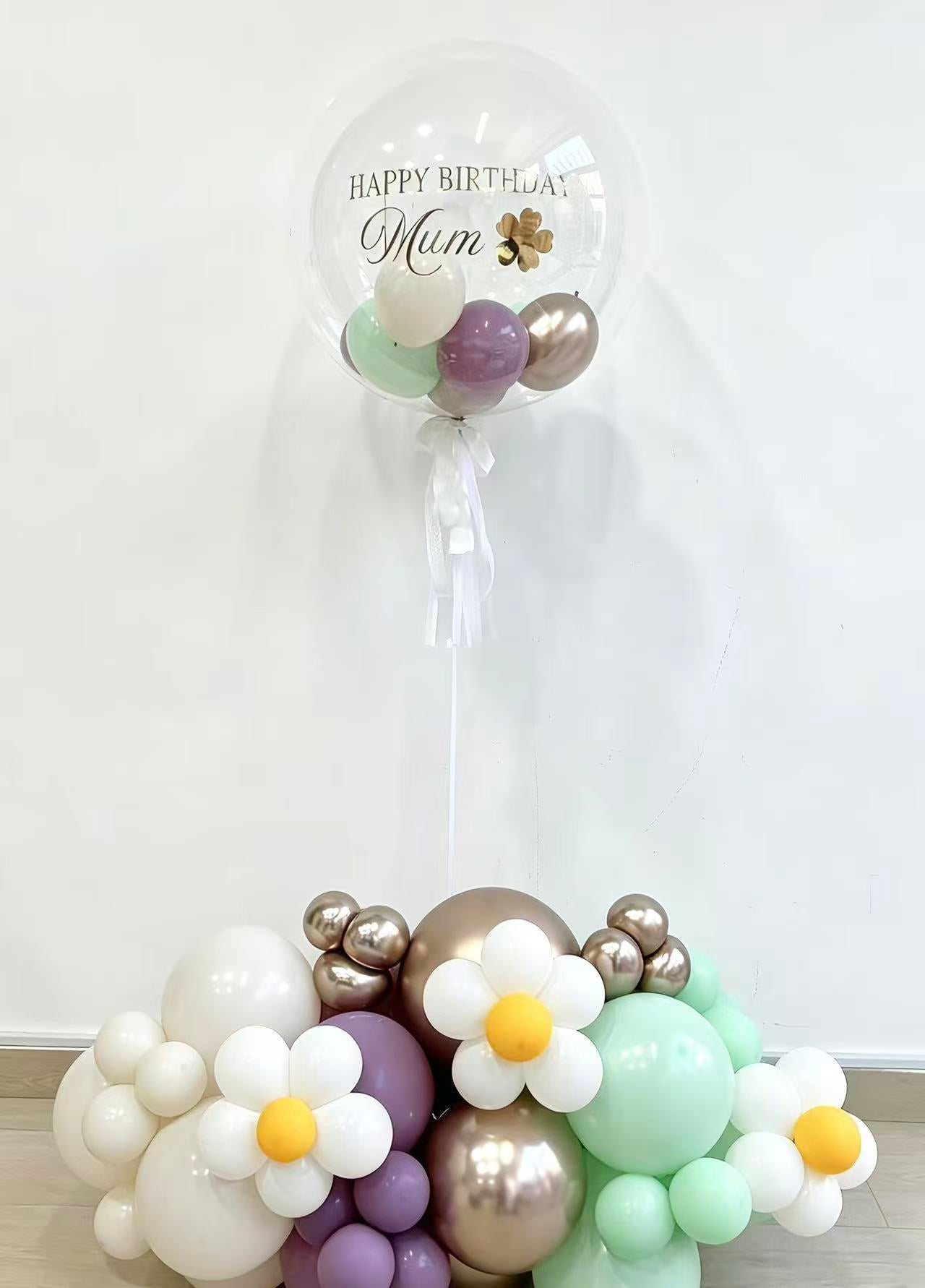 Platform Latex Purple Light Gold Mint Green and Beige with Personalised Clear with Mini Latex and Confetti and Tassels Happy Birthday Mum Mother's Day