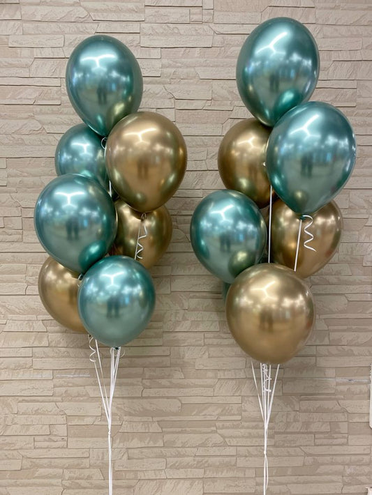 Latex Helium Bunch Chrome Green and Light Gold Balloons with White Strings - Perfect for Special Occasions!