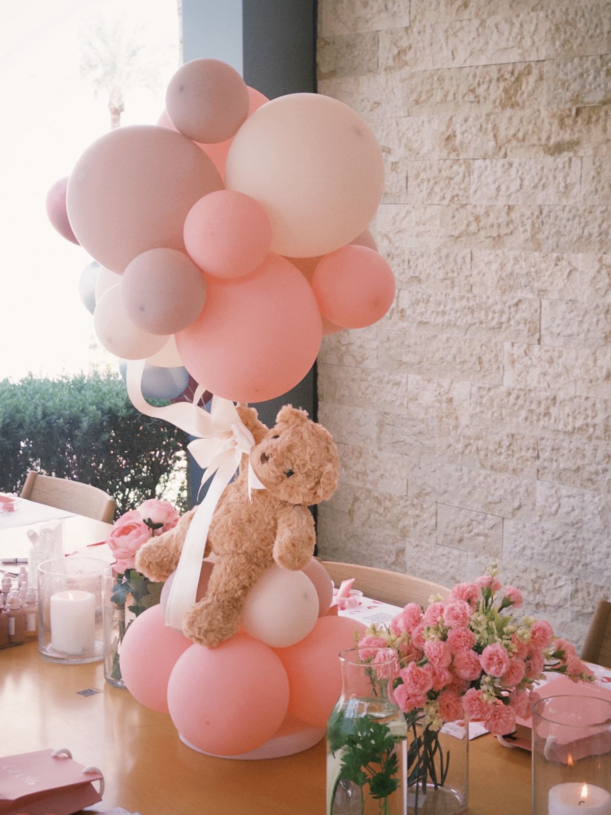 Customizable Balloon Pink, Light Pink and Pastel Purple Centerpiece with Teddy Bear and Ribbons - Perfect for any Occasions