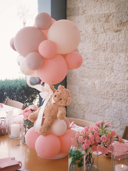 Customizable Balloon Pink, Light Pink and Pastel Purple Centerpiece with Teddy Bear and Ribbons - Perfect for any Occasions