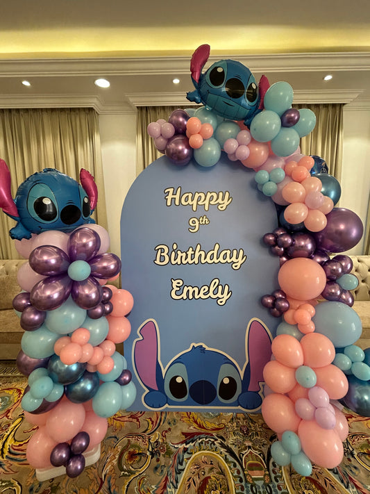 Customizable Board Stitch Backdrop with Balloons Pink, Blue, Chrome Blue, Chrome Purple and Purple with Pillar/Column/Tower - Stitch-Themed Perfect for special occasion