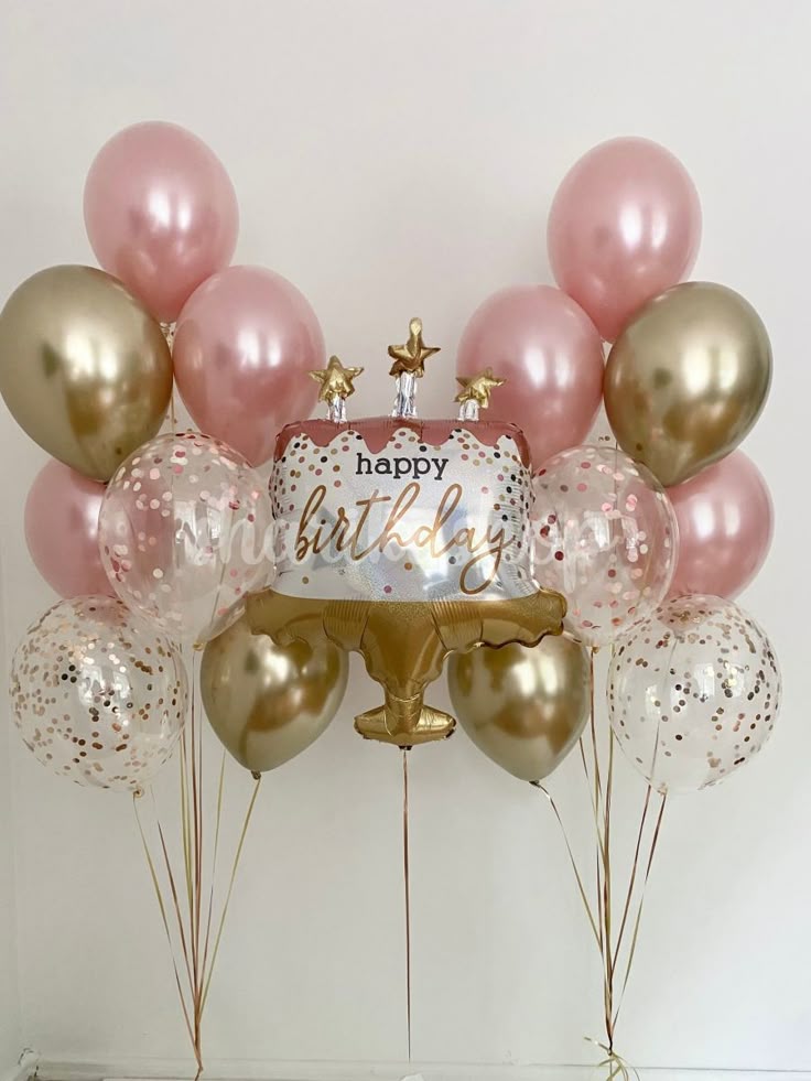 Helium Balloons Foil Cake "Happy Birthday" and Latex Bunch Pink, Light Gold and Clear with Confetti - Perfect for any Occasions