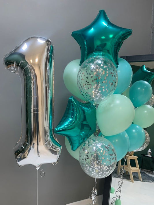 Helium Balloons Single Number Set Silver '1' and Latex Bunch Teal, Mint Green, Clear with Confetti and Teal Star-Shaped Foil - Perfect for any Occasions!