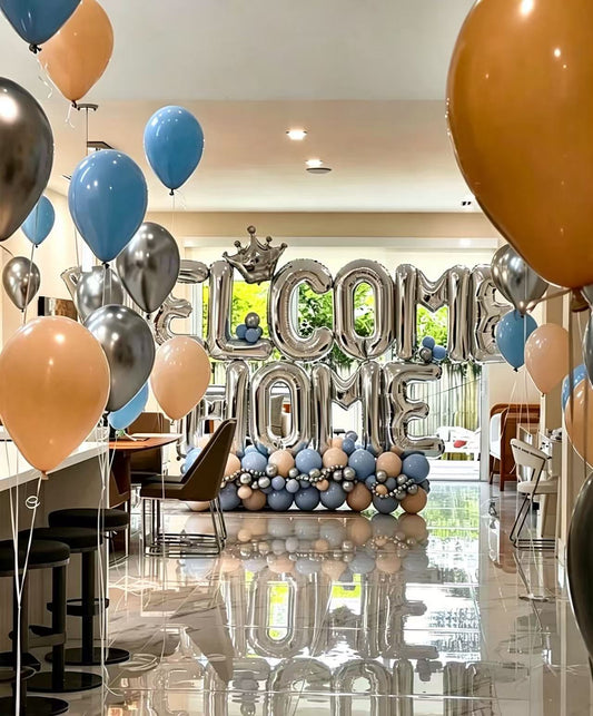 'WELCOME HOME' Platform Balloons Pastel Colors Blue Silver Set With Helium Balloon