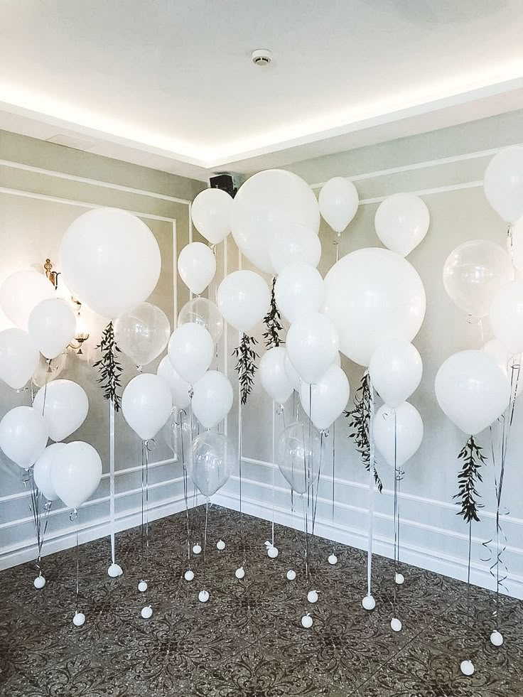 Helium Balloon Set of 18-inch and 10-inch Pearl White and White with Green Artificial Leaves Accents - Perfect for any Occasions