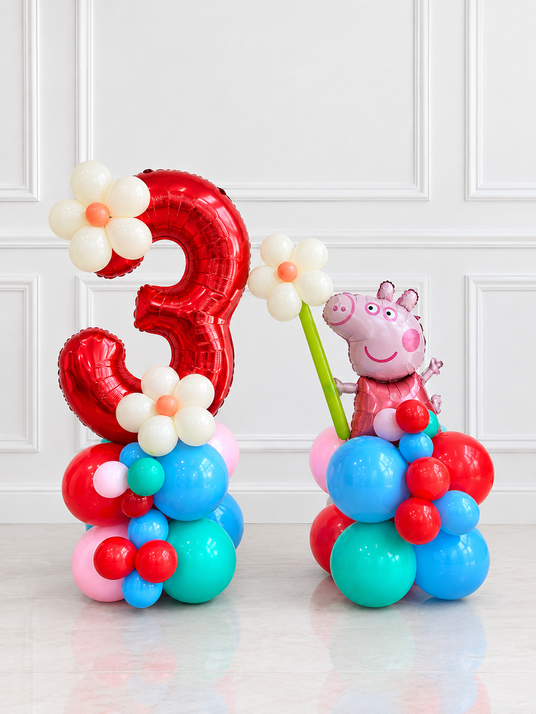 Red, Pink, Yellow, Blue and Green Number Balloon on Stand '3' Peppa Pig-Themed with Flower Accents
