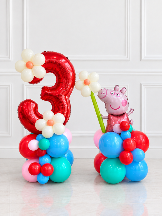 Red, Pink, Yellow, Blue and Green Number Balloon on Stand '3' Peppa Pig-Themed with Flower Accents