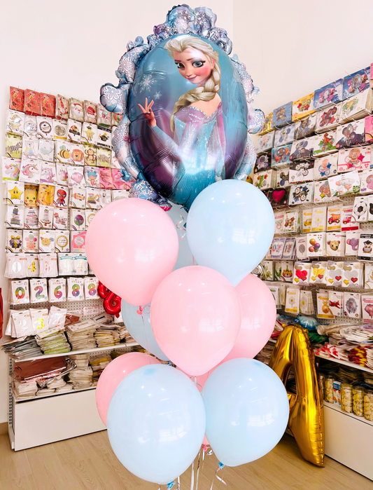 Frozen Themed Helium Balloon Display Featuring a Majestic Elsa Balloon and a Bouquet of Pastel Pink and Blue Balloons for a Magical Atmosphere