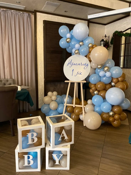 Customizable Round KT Board with Wooden Stand Welcome Board and Organic Arrangement Balloon Blue, Beige, Brown, Silver and "BABY" Box with Mini Balloons- Perfect for any occasions!