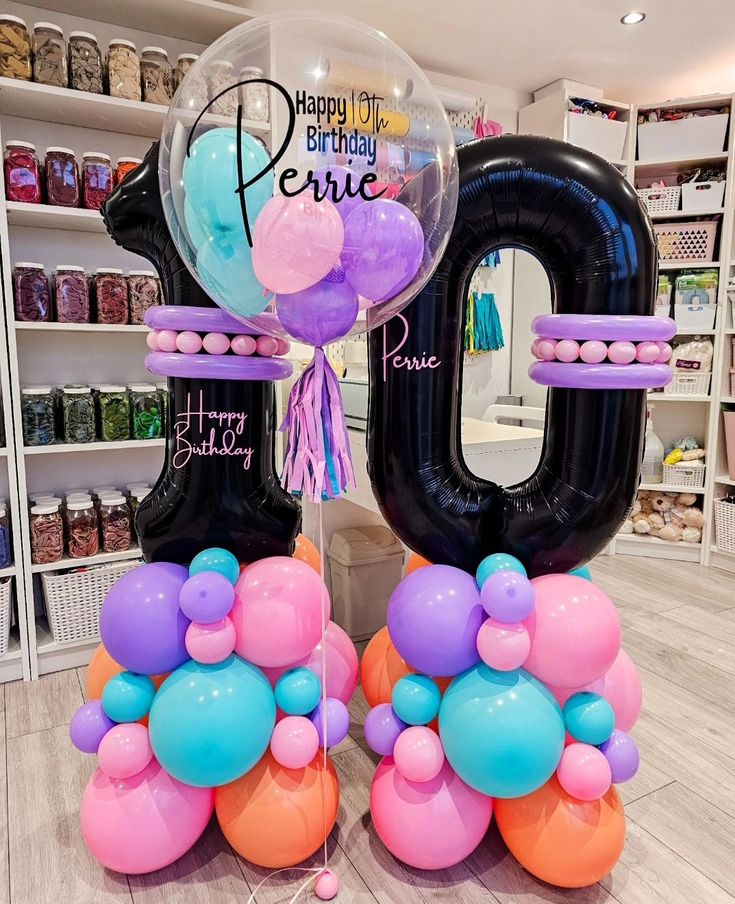 Number Balloon on Stand Black '10' with Balloons Purple, Blue, Pink, Orange, Customize Sticker and Personalised Clear with Mini Latex, Customize Sticker and Ribbons - Customizable Design