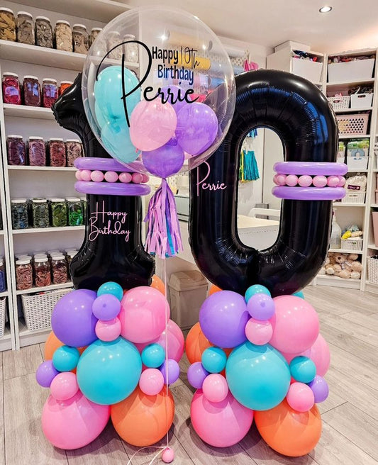 Number Balloon on Stand Black '10' with Balloons Purple, Blue, Pink, Orange, Customize Sticker and Personalised Clear with Mini Latex, Customize Sticker and Ribbons - Customizable Design