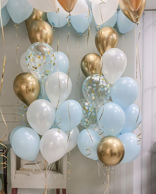 Ceiling and Bunch Helium Balloon White, Blue, Light Gold and Clear with Confetti - Baby Shower, Gender Reveal, Birthday Perfect for Special Occasions!