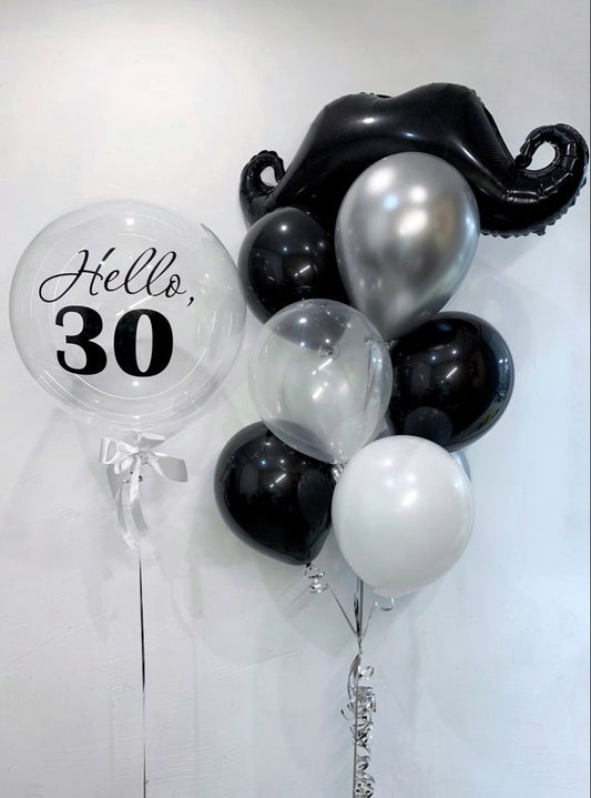 Personalised Helium Balloons Clear with Ribbons and Customize Sticker and Latex Bunch Black, Clear, White and Silver with Mustache Foil - Perfect for any Occasions