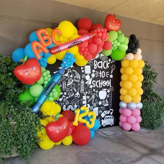 Back To School Customize Board Backdrop with Balloons Black, Beige, Yellow, Silver, Red, Blue, Green and Pink with Letters 'ABC', Apple and Crayons Foil Balloon accents Arch Pillar/Column/Tower - Perfect for Back To School and School Events!