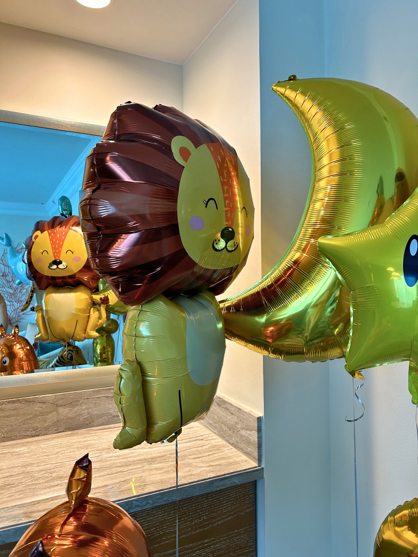 Safari Animals Number Stand with Animal Print Balloon Design and Animal Helium Balloons with Star and Moon Accents - Perfect for Any Safari Themed Celebrations