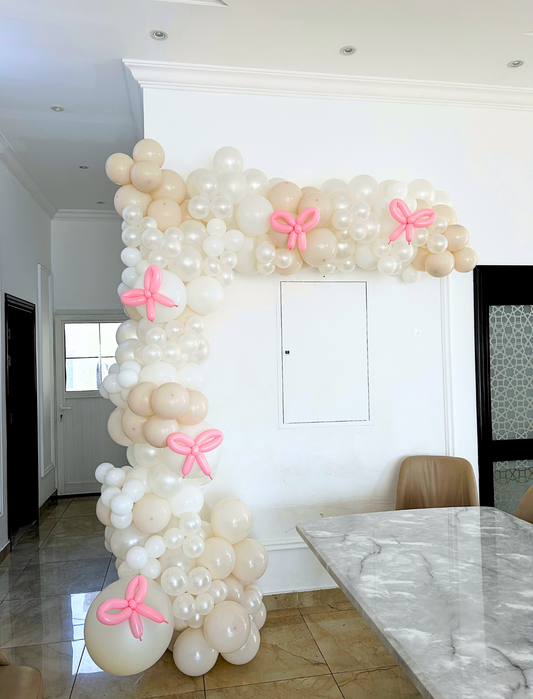 White, Glossy White, Beige Balloon Chain with Pink Ribbon Accents – Décor for Birthdays, Bridal Showers, Baby Showers, and Special Occasions