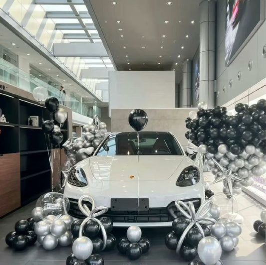 Car Surprise Balloon Designed Heart-Shaped, Gift Box, Helium and Floor Balloons Set Colors Black and Silver - Perfect for Any Bold Celebrations
