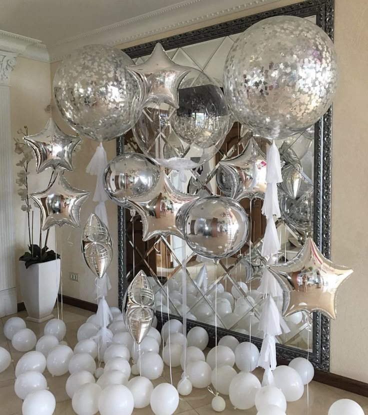 Helium Balloons Clear with Silver Confetti, White Tassels, Feather and Silver Orbs and Star with White Floor Balloons accents - Customizable for Any Celebration