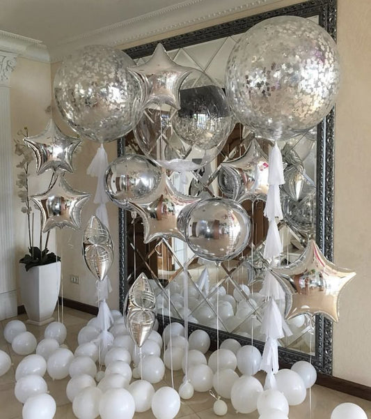 Helium Balloons Clear with Silver Confetti, White Tassels, Feather and Silver Orbs and Star with White Floor Balloons accents - Customizable for Any Celebration