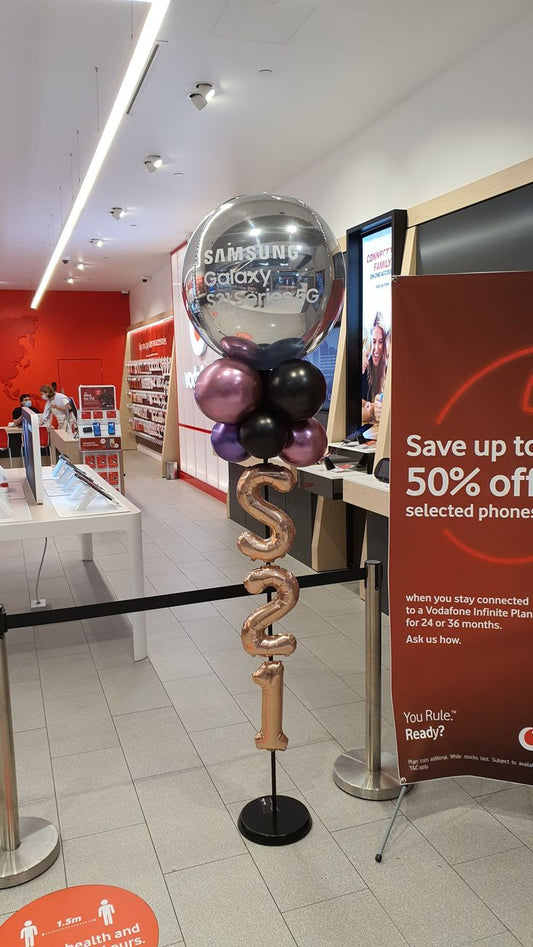 Balloon Latex Chrome Purple and Black with Silver Orbs with Customize Sticker and 16-inch Letters accents Pillar/Column/Tower - Corporate Event, Grand Opening, Company Event Perfect for special occasion!