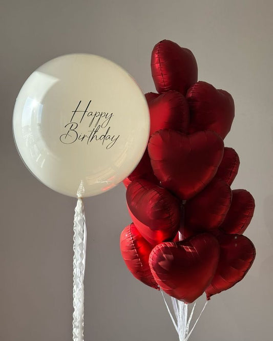 Personalised Helium Balloons Clear with White Latex, Ribbons and Customize Sticker and Red Heart-Shaped Foil Helium Bunch - Perfect for any Occasions