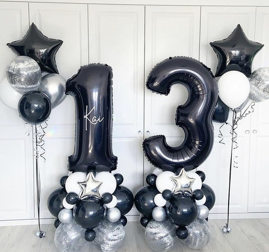 Number Balloon on Stand Black '13' with Balloons Black, Silver, Clear with Confetti, Customize Sticker and Helium Latex Bunch with Black Star-Shaped Foil - Customizable Design