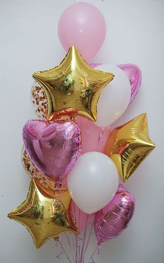 Helium Balloons Foil Heart and Star-Shaped with Latex Clear with Confetti, White and Pink Bunch - Perfect for any Occasions!