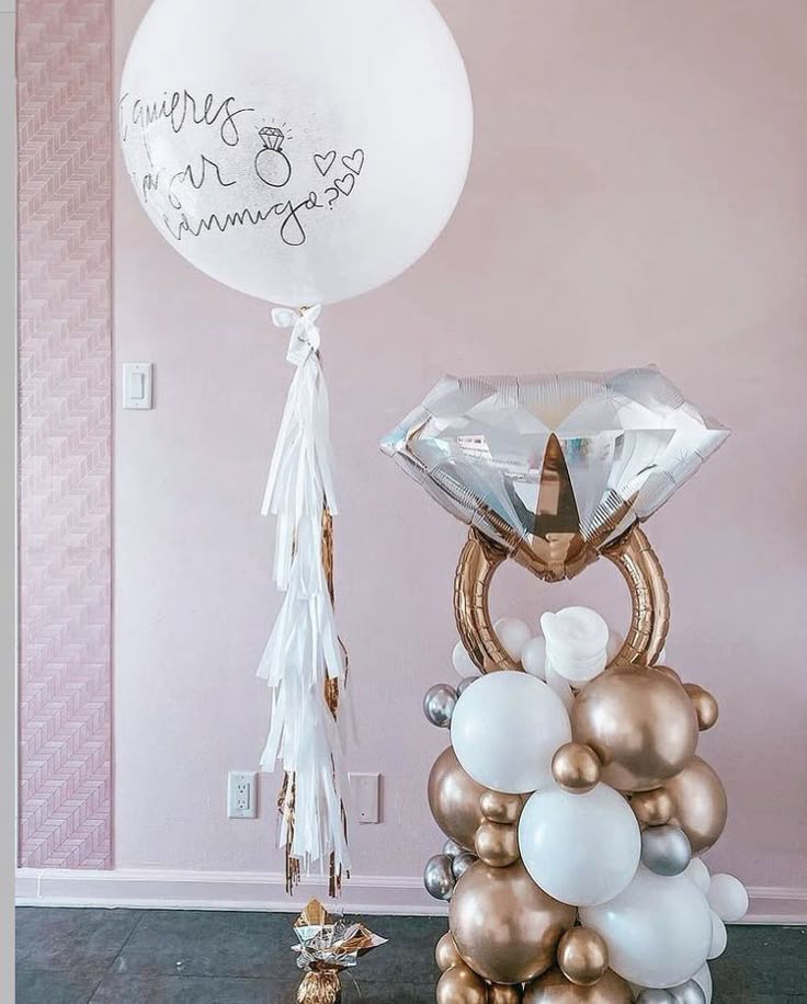 Personalised Clear with Black Latex and Customize Sticker with Engagement Gold Diamond Ring with Light Gold and White Latex Balloon on Stand - Bridal Shower Perfect for Special Occasions!