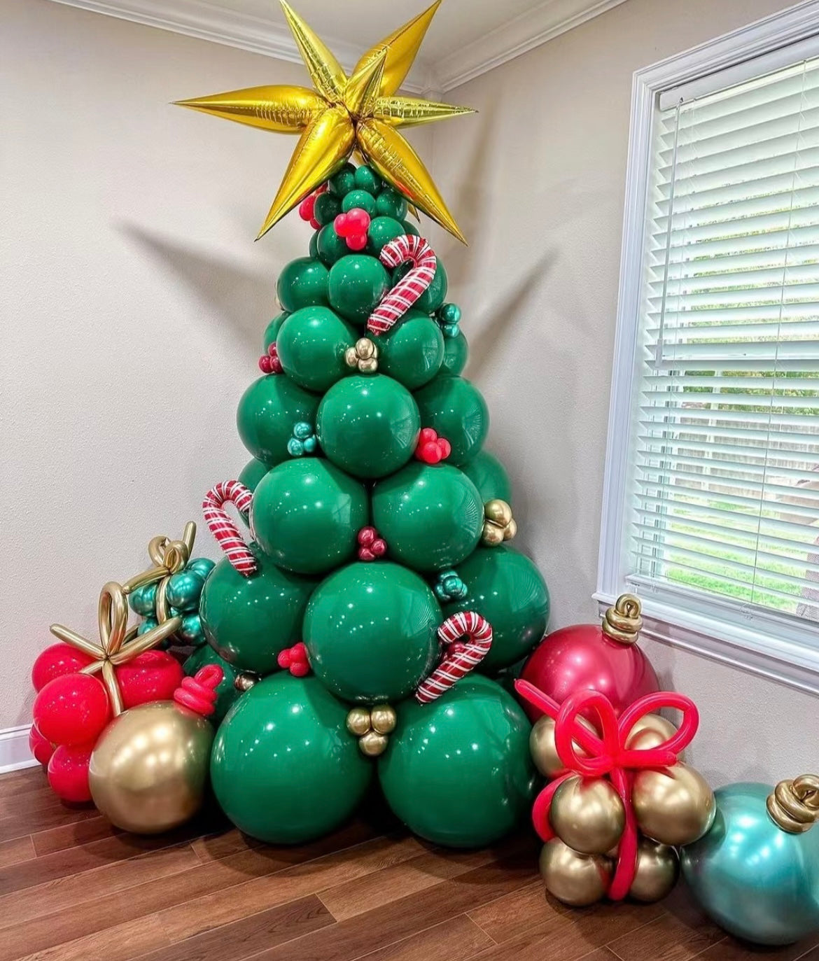 Christmas Tree Balloon with Gold Star, Red Balloons, Candy Cane Accents, Gift Balloons, and Christmas Ornaments