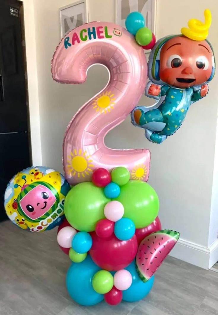 Balloon on Stand Pink Number '2' with Latex Blue, Green, Pink and Red with Customize Sticker and Cocomelon Balloons accents – Cocomelon-Themed Customizable Design