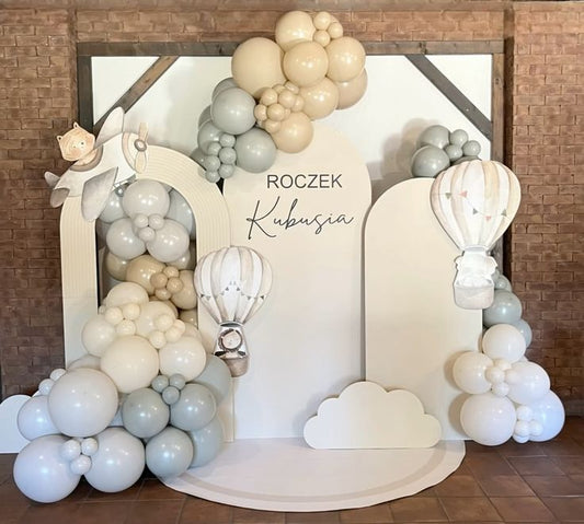 Aircraft Beige Hot air Balloon Baby in Bloom with Cotton-Themed Customize Backdrop and Balloons Blue White Green  Themed Birthday Party