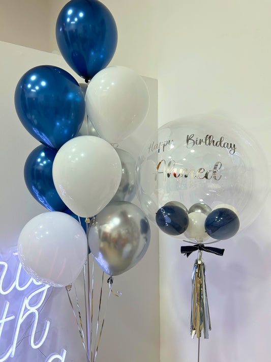 Personalised Helium Balloon Bobo with Customizable Sticker, Tassels, and Helium White, Silver, and Metallic Blue Balloons