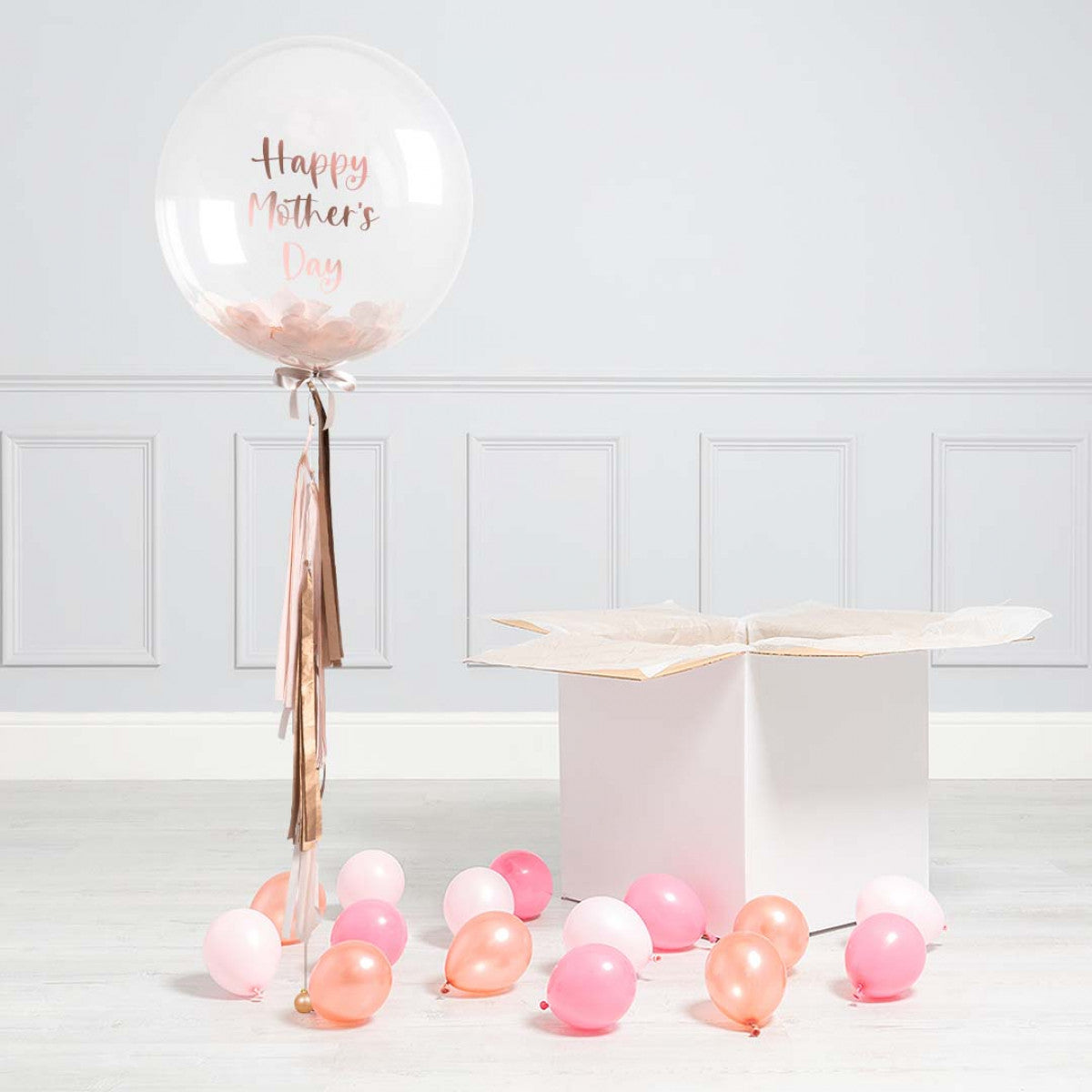 Personalised Rose Gold Tassel Mother’s Day Confetti Helium Bubble Balloon Elevate Your Celebration with Our Stunning Helium Bubble Balloon Bouquet