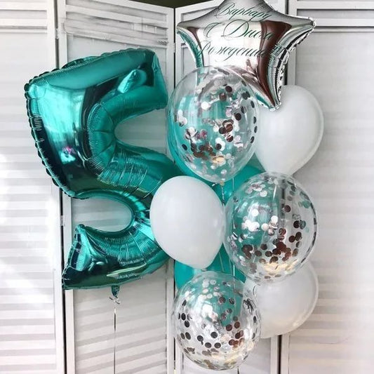 Helium Balloons Single Number Set Teal '5' and Latex Bunch Teal, White, Clear with Confetti and Star-Shaped Foil with Customize Sticker - Perfect for any Occasions!