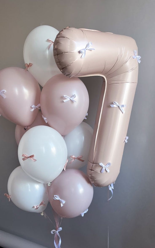 Helium Balloons Single Number Set Pink '7' and Latex Bunch Pink and White with Small Ribbons - Perfect for any Occasions!