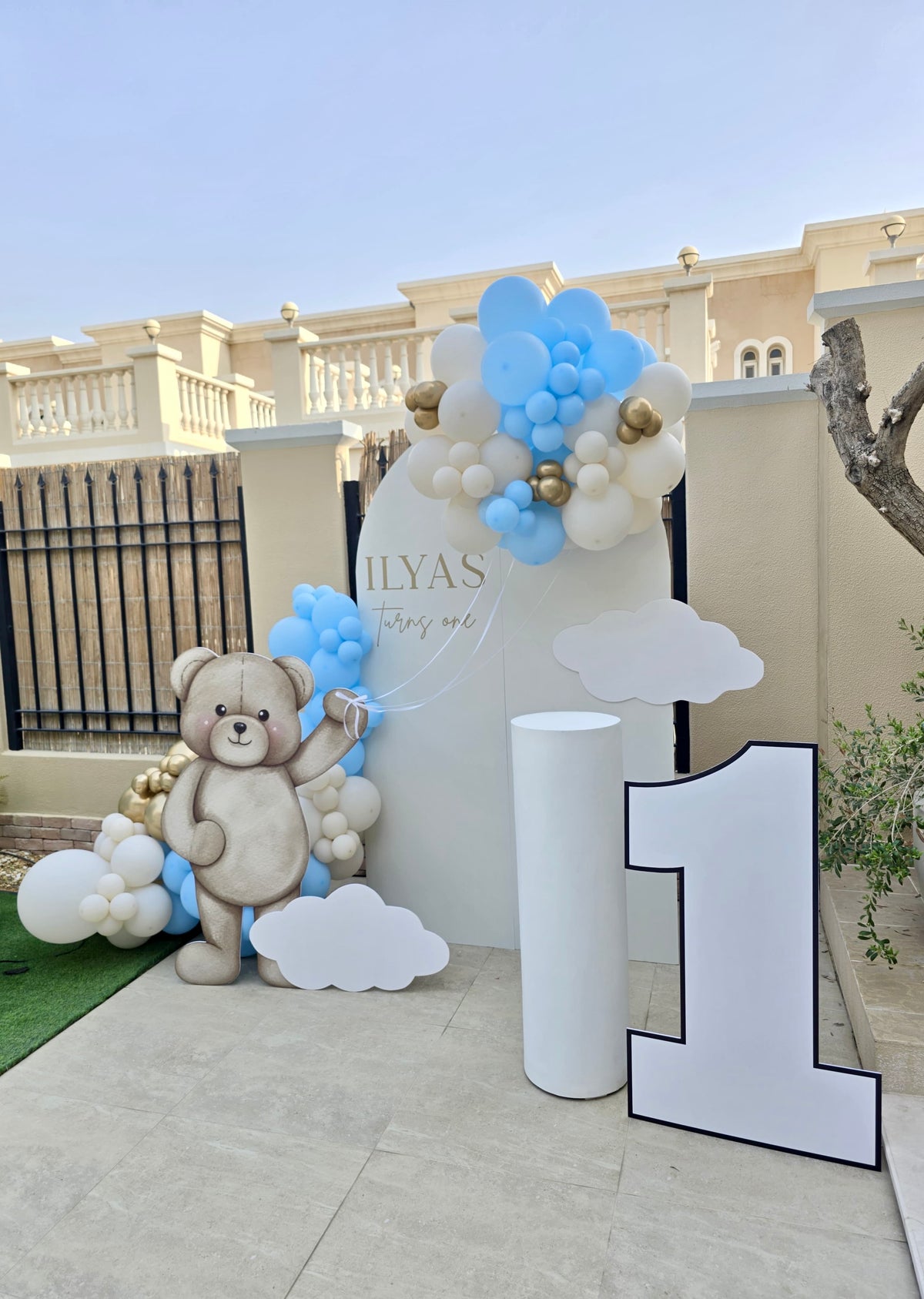 Customizable Backdrop Design Balloon Blue Beige Light Gold w/ Teddy Bear Cloud Number 1 Cutouts - Customizable for any special occasions!