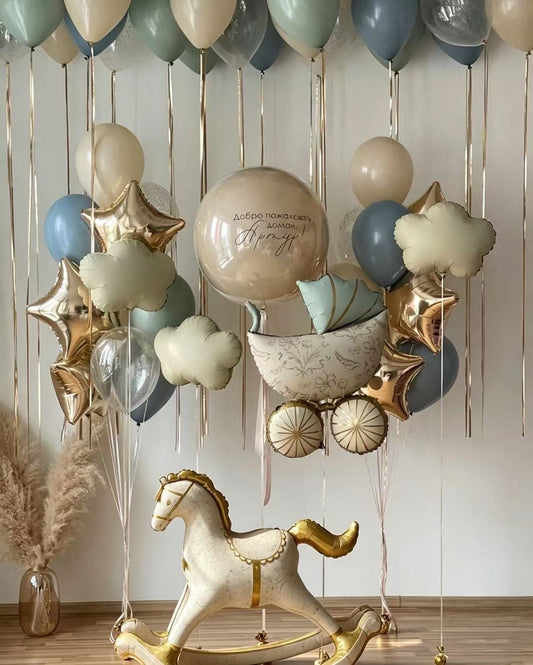 Hospital Welcome home Personalised Helium w/ Customize Sticker Helium Blue Beige Latex Biege Heart Bunch Rocking Horse Carousel Balloon Self Standing Foil Balloon - Baby Shower, Welcoming Baby Perfect for any celebrations!