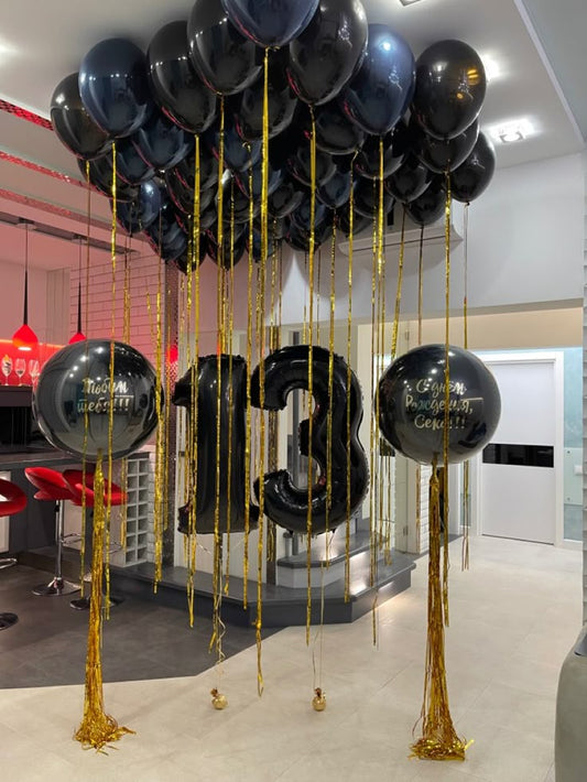 Helium Balloons Two Number Set Black '13', Personalised Clear with Black Latex, Customize Sticker, Latex Ceiling Black and Navy Blue with Gold Tassels - Customizable Decor