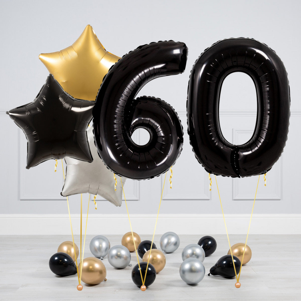 Helium Black Two Number Set Balloon - Gold, Black and White Stars with Mini Balloons