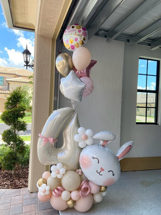Platform Beige Number '4' with Rabbit, Latex Pink and Beige, Ribbon and Helium Bunch White Pink Star, Circle 'Happy Birthday' and Light Gold, Pink and Beige Latex - Rabbit-Themed Fairy-Themed Garden-Themed Perfect for any Occasions