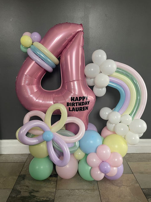 Platform Pink Number '4' with Latex Pink, Green, Yellow, Purple and Blue with Customize Rainbow Balloons accents and Customize Sticker – Customizable Design